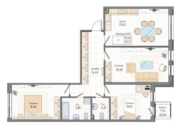 3 комн. квартира, 96.5 м², 2 этаж 