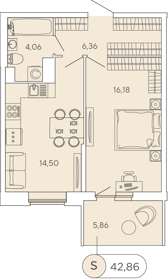 1 комн. квартира, 42.9 м², 11 этаж 