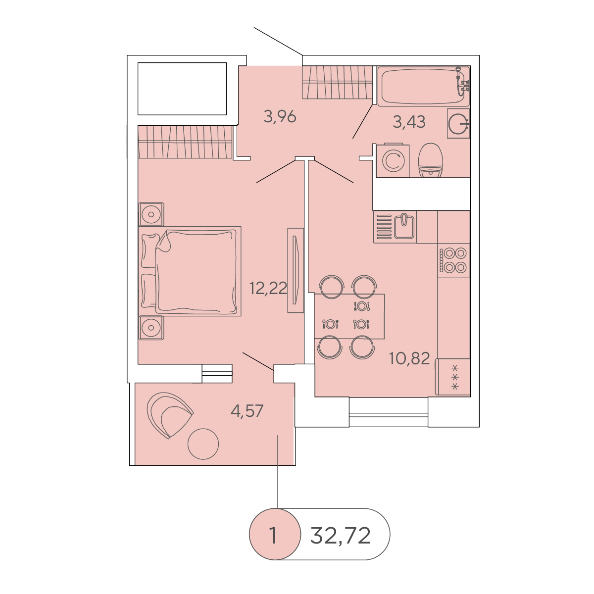 1 комн. квартира, 32.7 м², 12 этаж 
