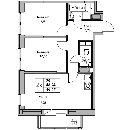 3 комн. квартира, 50 м², 18 этаж 