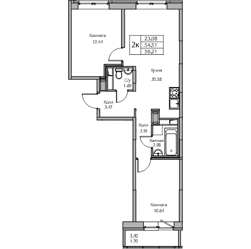 1 комн. квартира, 56.2 м², 6 этаж 