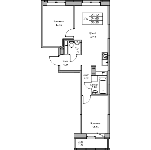 3 комн. квартира, 56.3 м², 18 этаж 