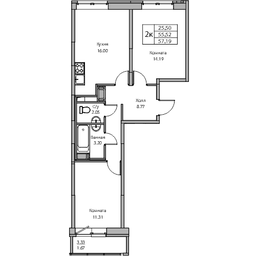 1 комн. квартира, 57.2 м², 6 этаж 