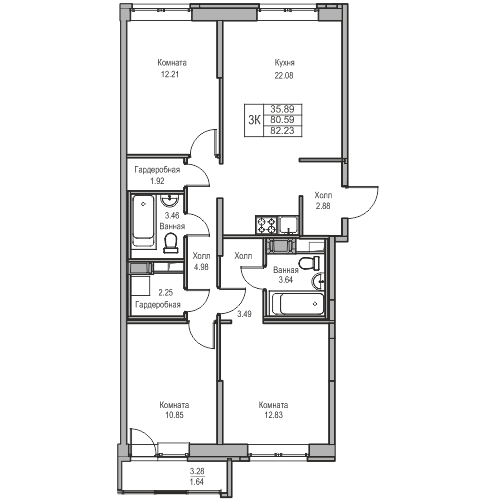 2 комн. квартира, 82.2 м², 18 этаж 