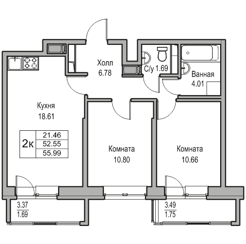 3 комн. квартира, 56 м², 19 этаж 