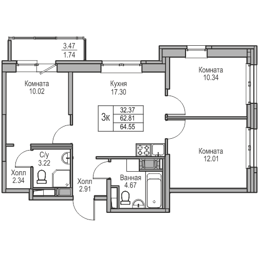 4 комн. квартира, 64.5 м², 6 этаж 