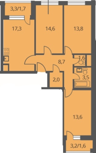 3 комн. квартира, 78.4 м², 23 этаж 