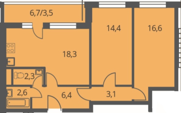 2 комн. квартира, 67.2 м², 23 этаж 