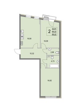 2 комн. квартира, 69.2 м², 2 этаж 