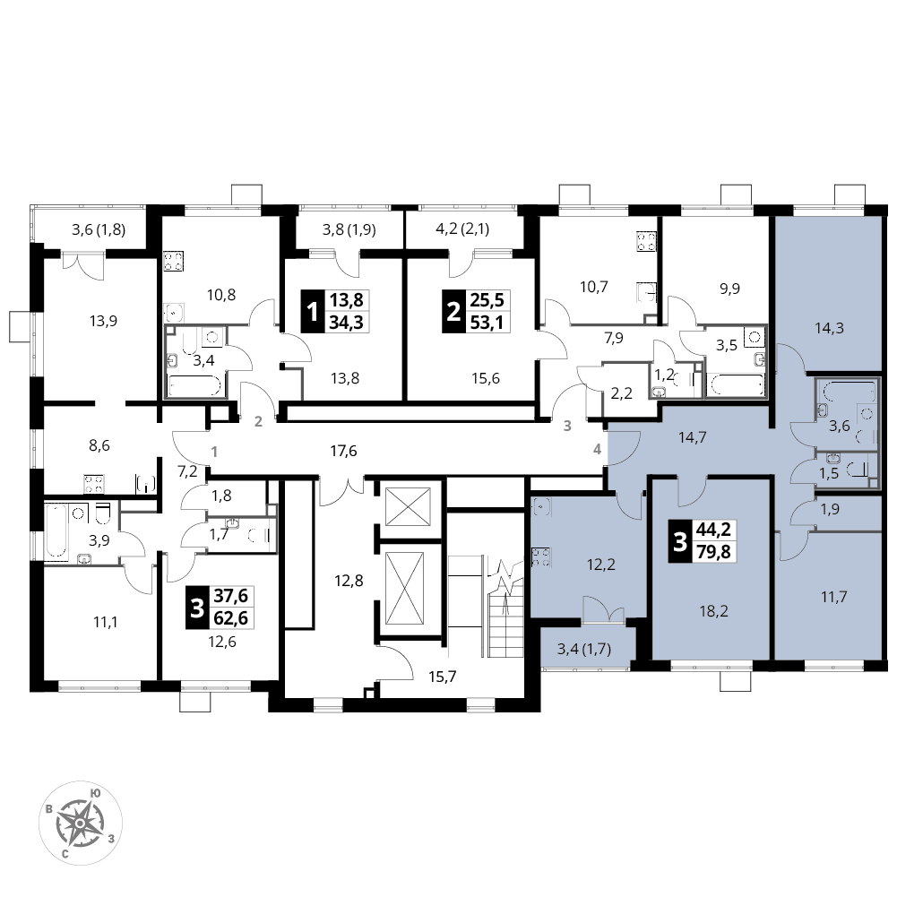 3 комн. квартира, 79.6 м², 23 этаж 