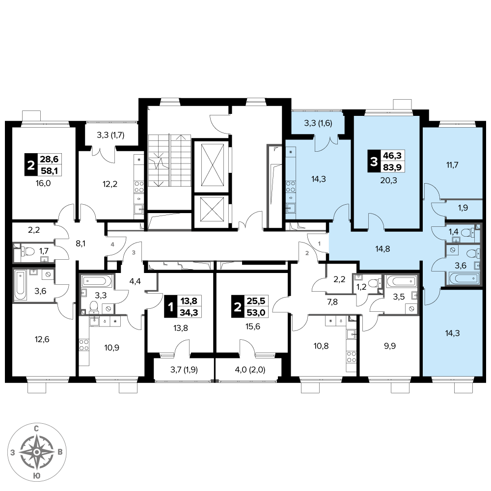 3 комн. квартира, 83.8 м², 14 этаж 