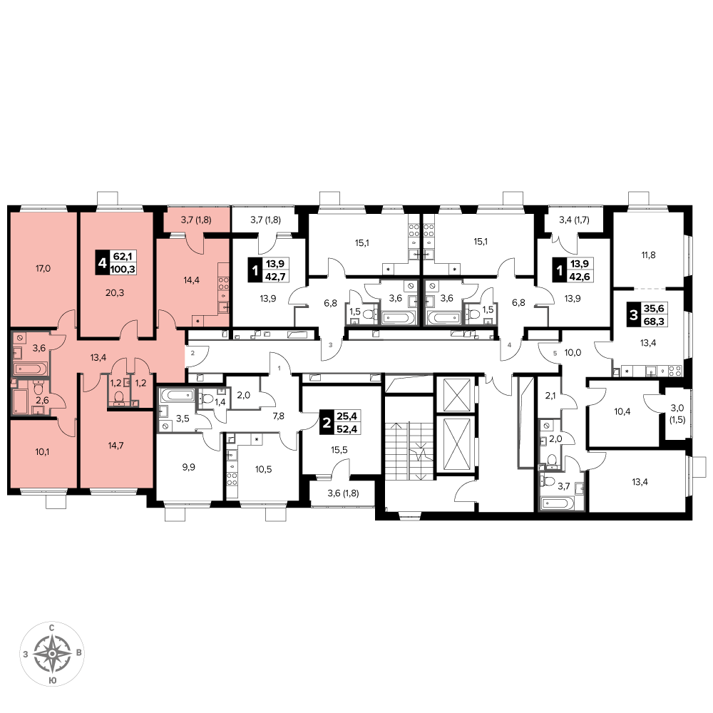 4 комн. квартира, 101.1 м², 3 этаж 