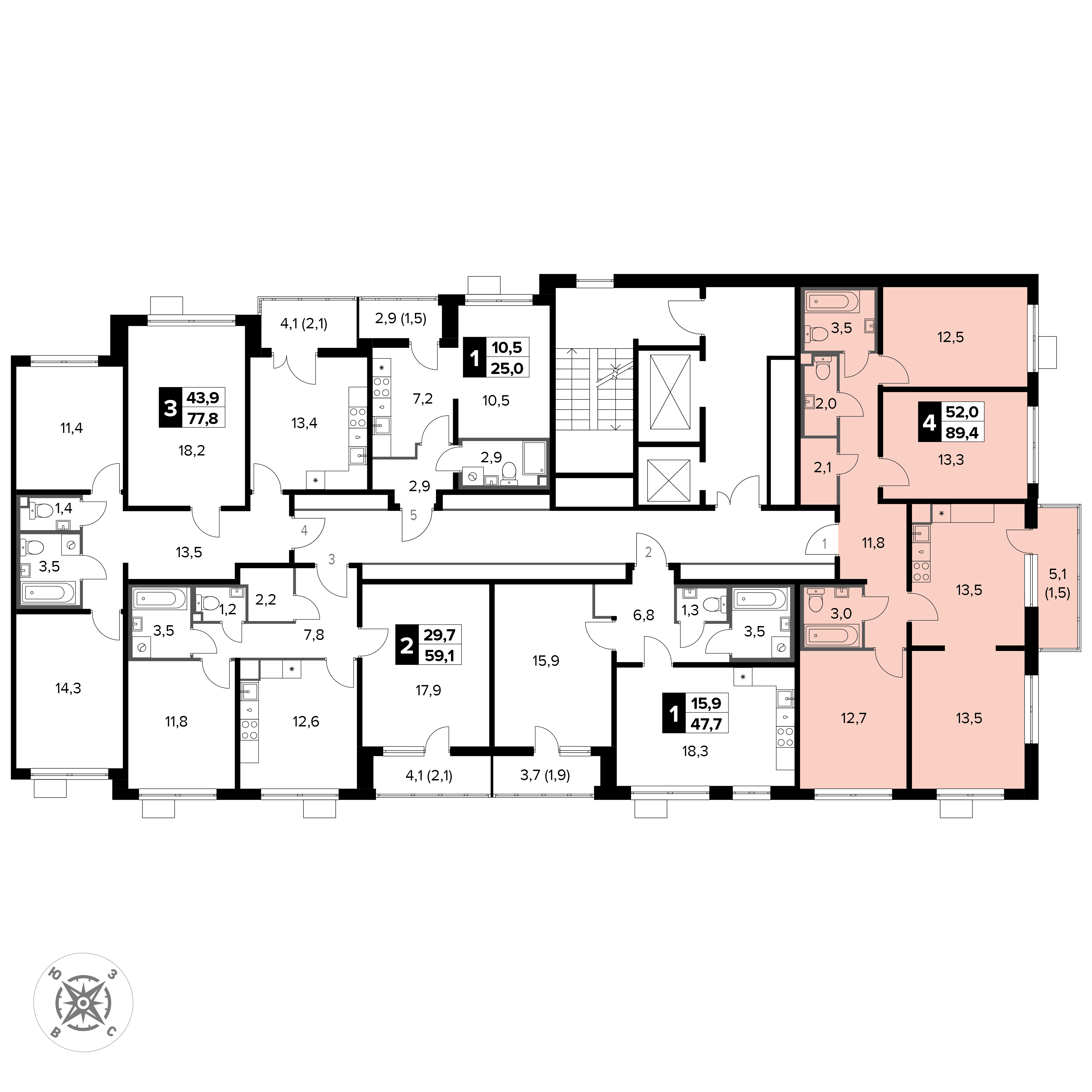 4 комн. квартира, 89.6 м², 4 этаж 