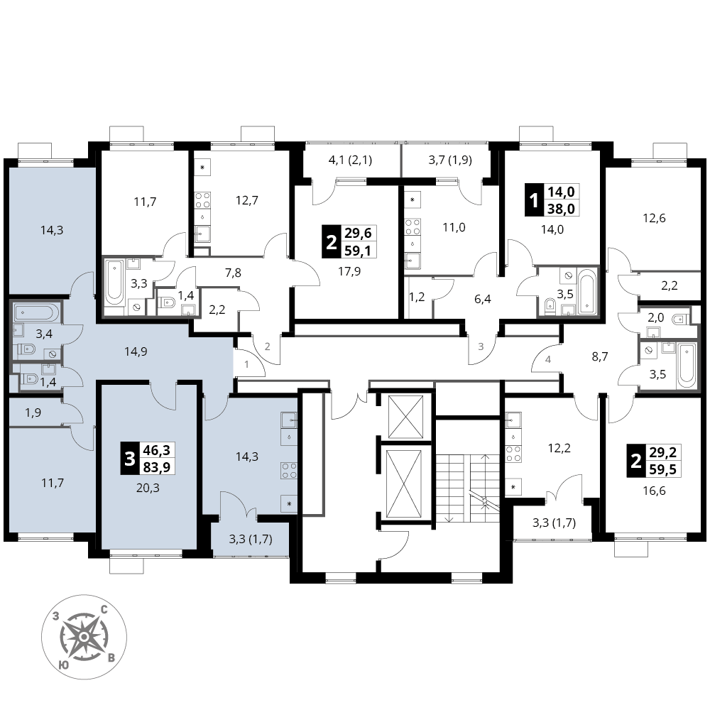 3 комн. квартира, 83.9 м², 21 этаж 