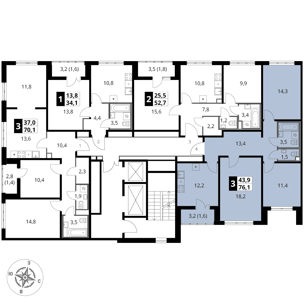 3 комн. квартира, 76.1 м², 18 этаж 