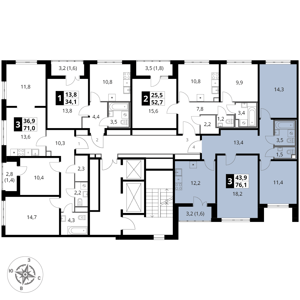 3 комн. квартира, 76.1 м², 19 этаж 
