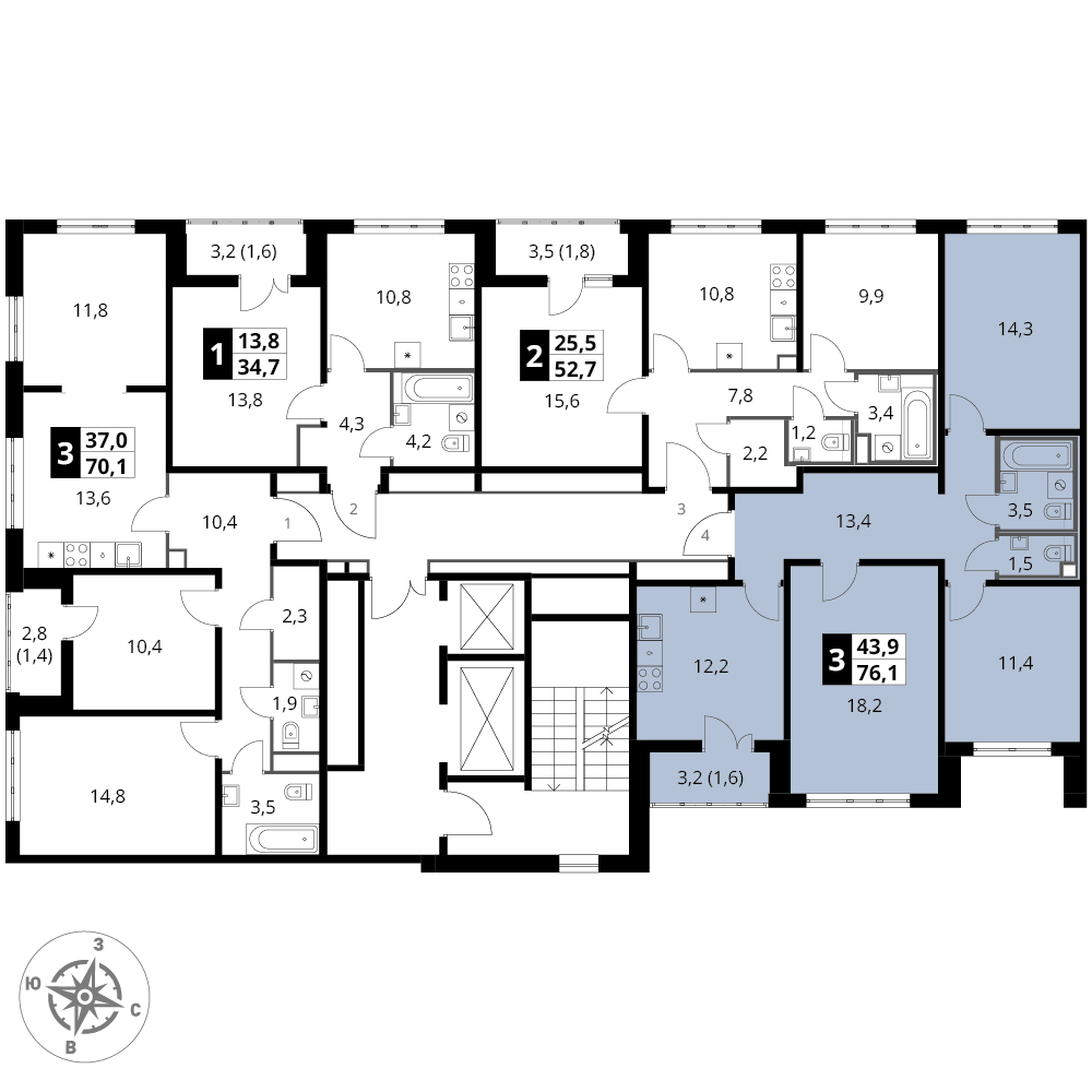 3 комн. квартира, 76.1 м², 21 этаж 