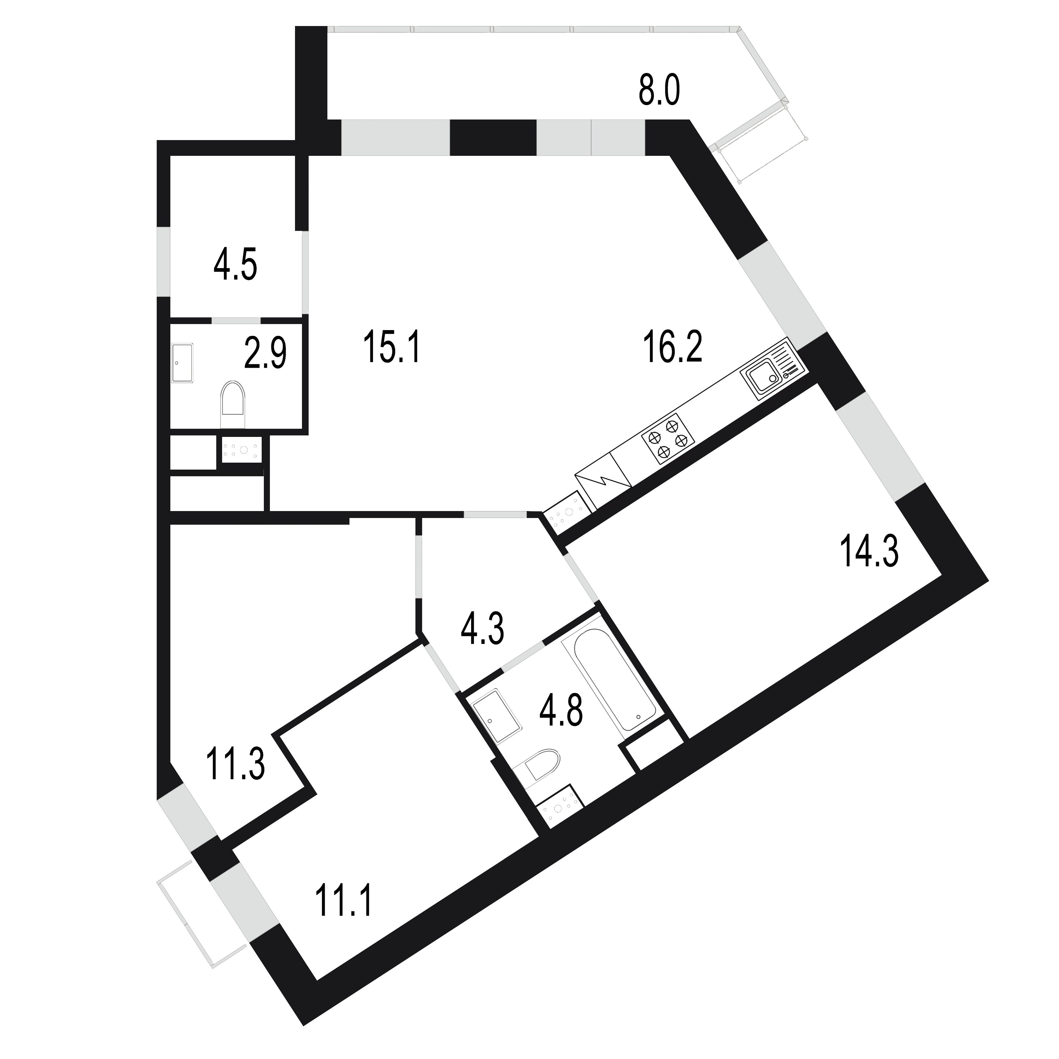 3 комн. квартира, 92.5 м², 16 этаж 