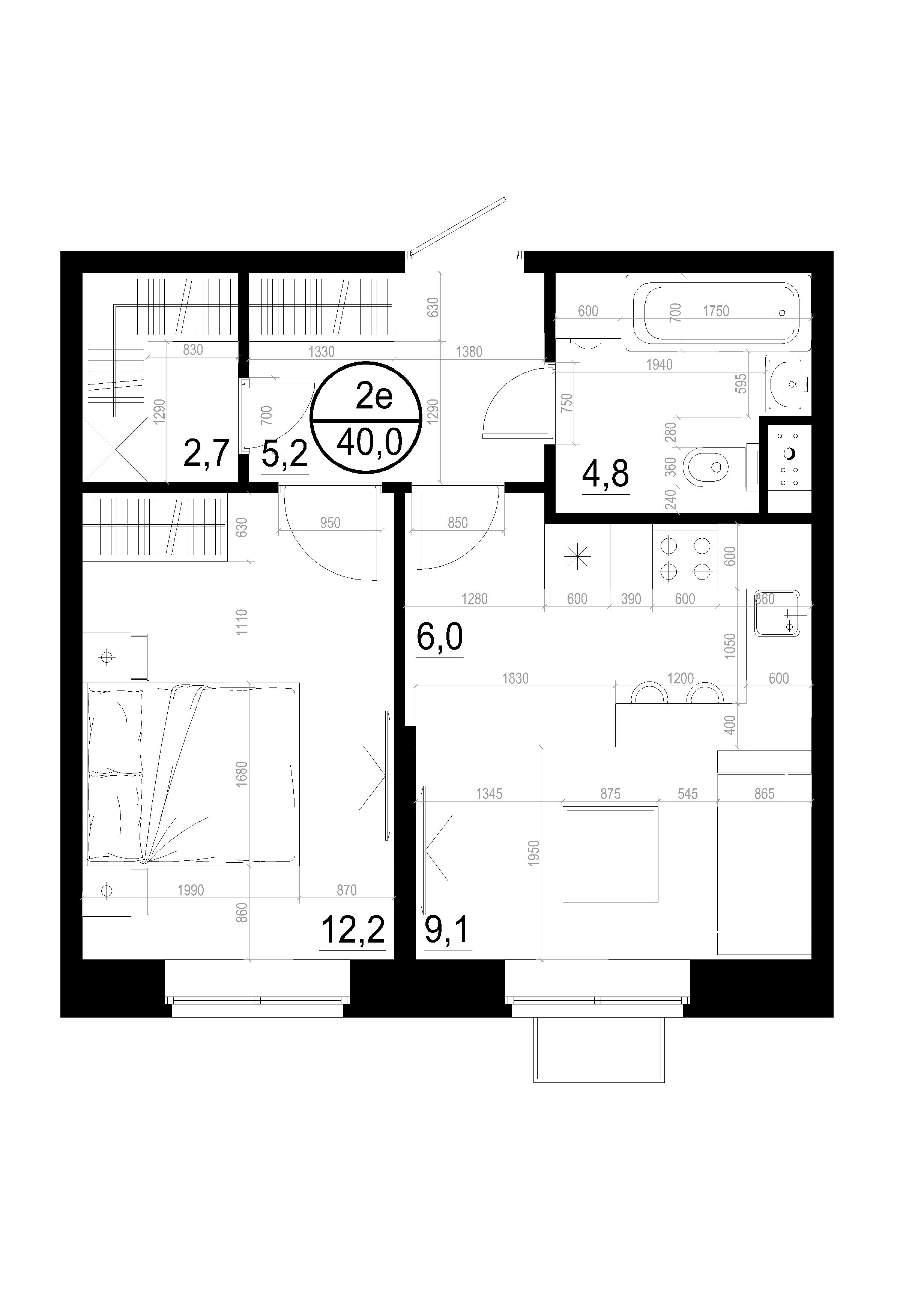2 комн. квартира, 40 м², 2 этаж 