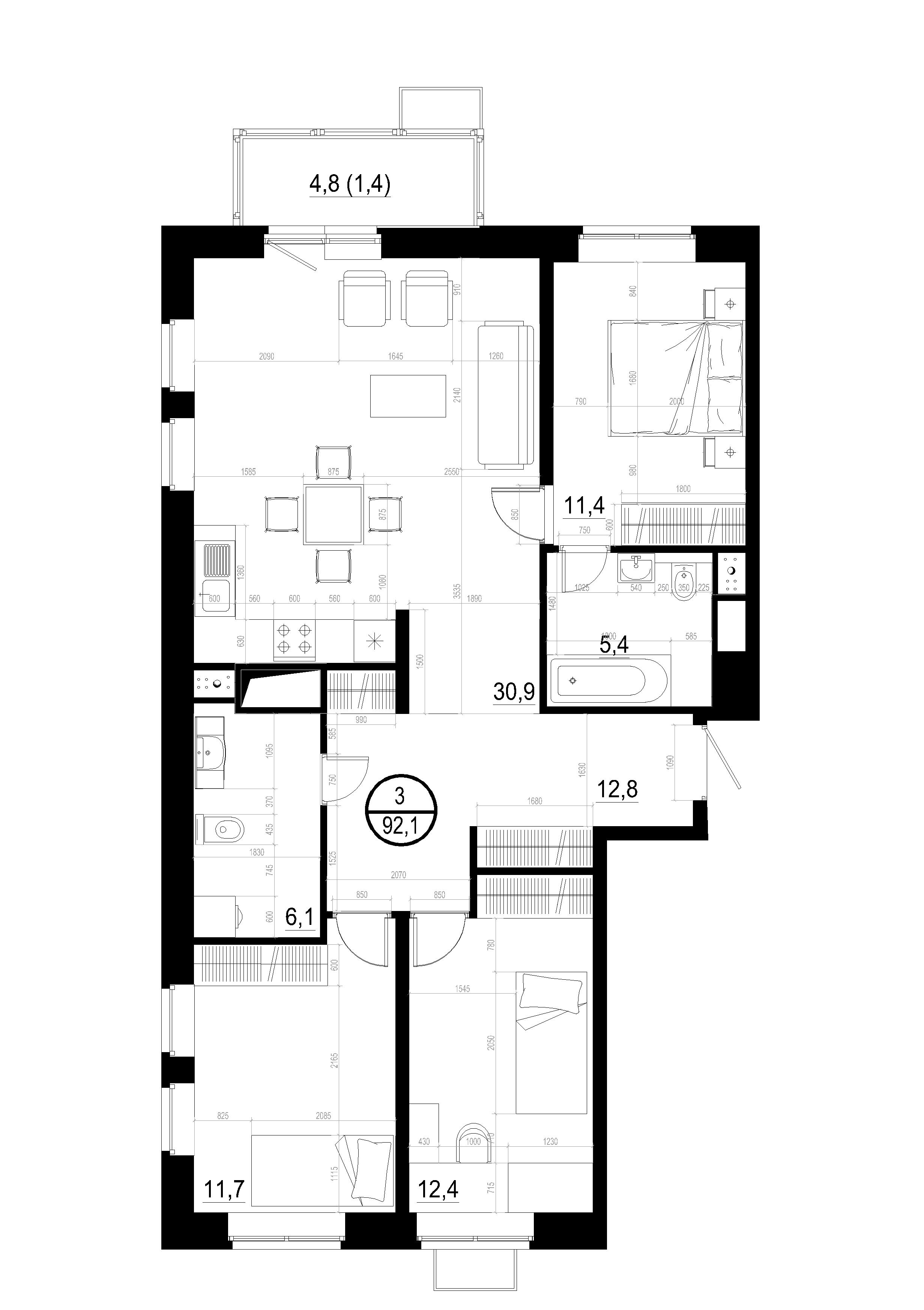 3 комн. квартира, 92.1 м², 13 этаж 