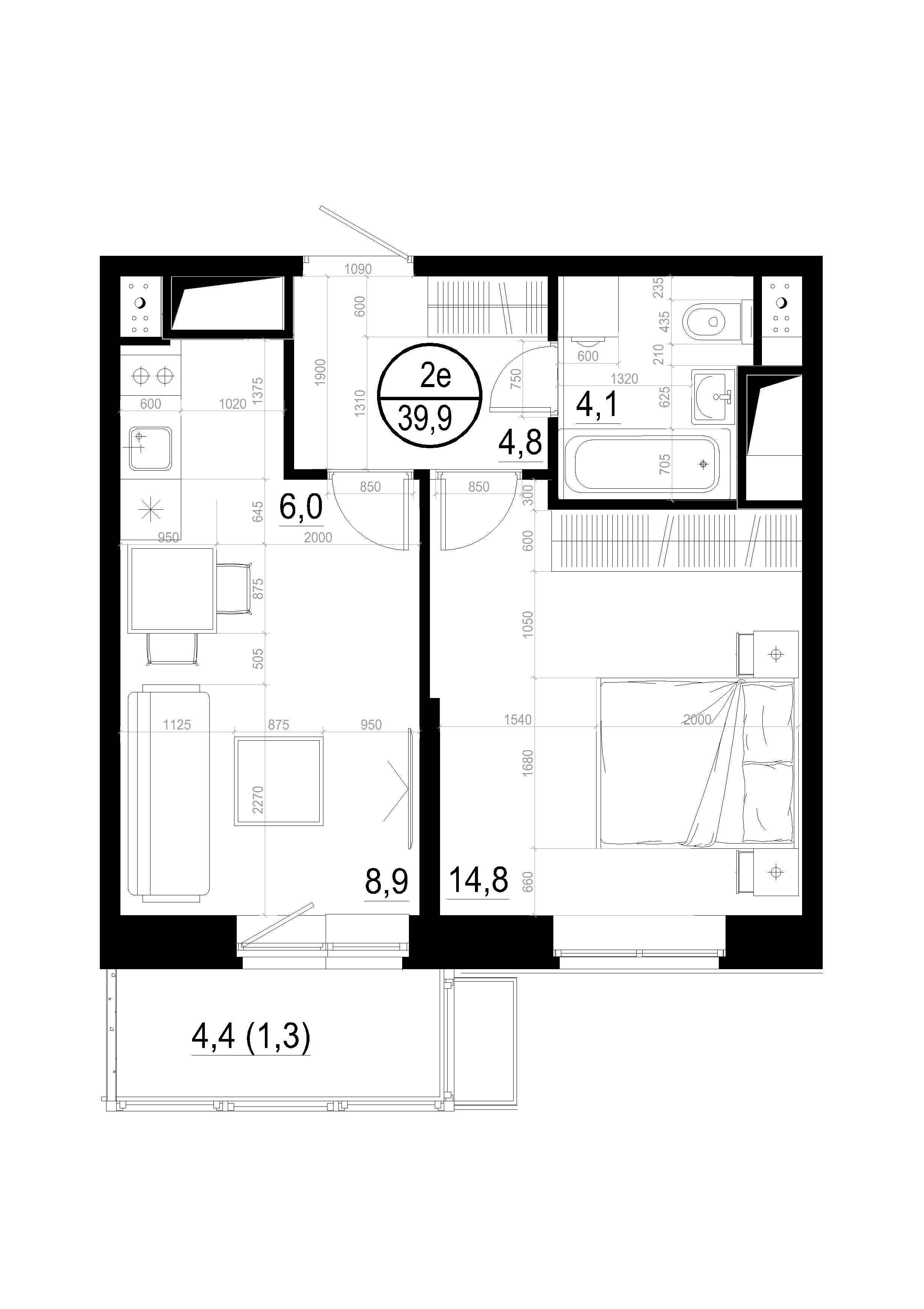 2 комн. квартира, 39.9 м², 19 этаж 