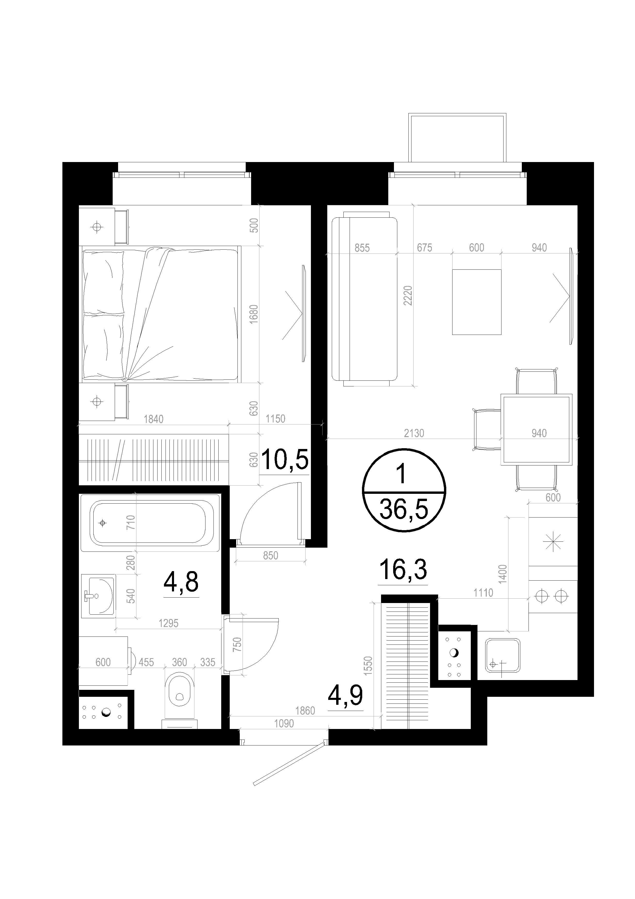 1 комн. квартира, 36.5 м², 2 этаж 
