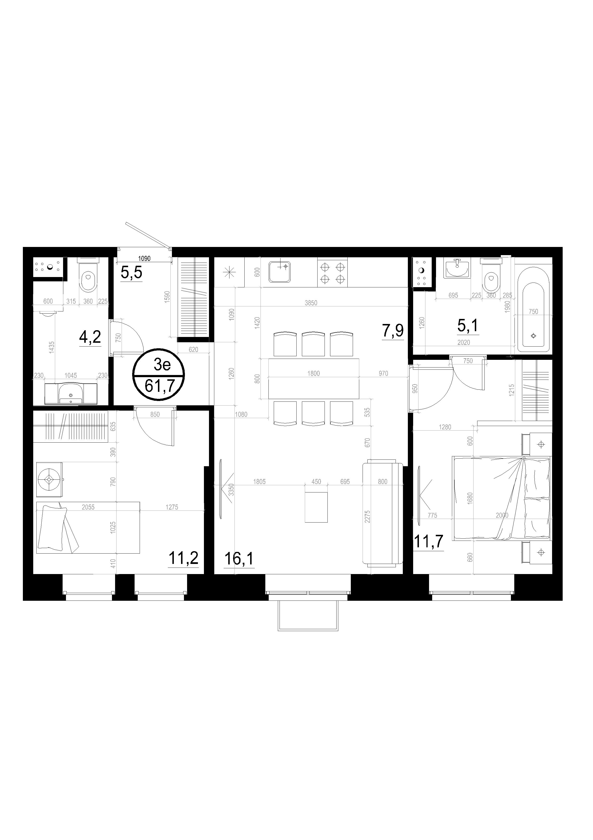 3 комн. квартира, 61.7 м², 2 этаж 
