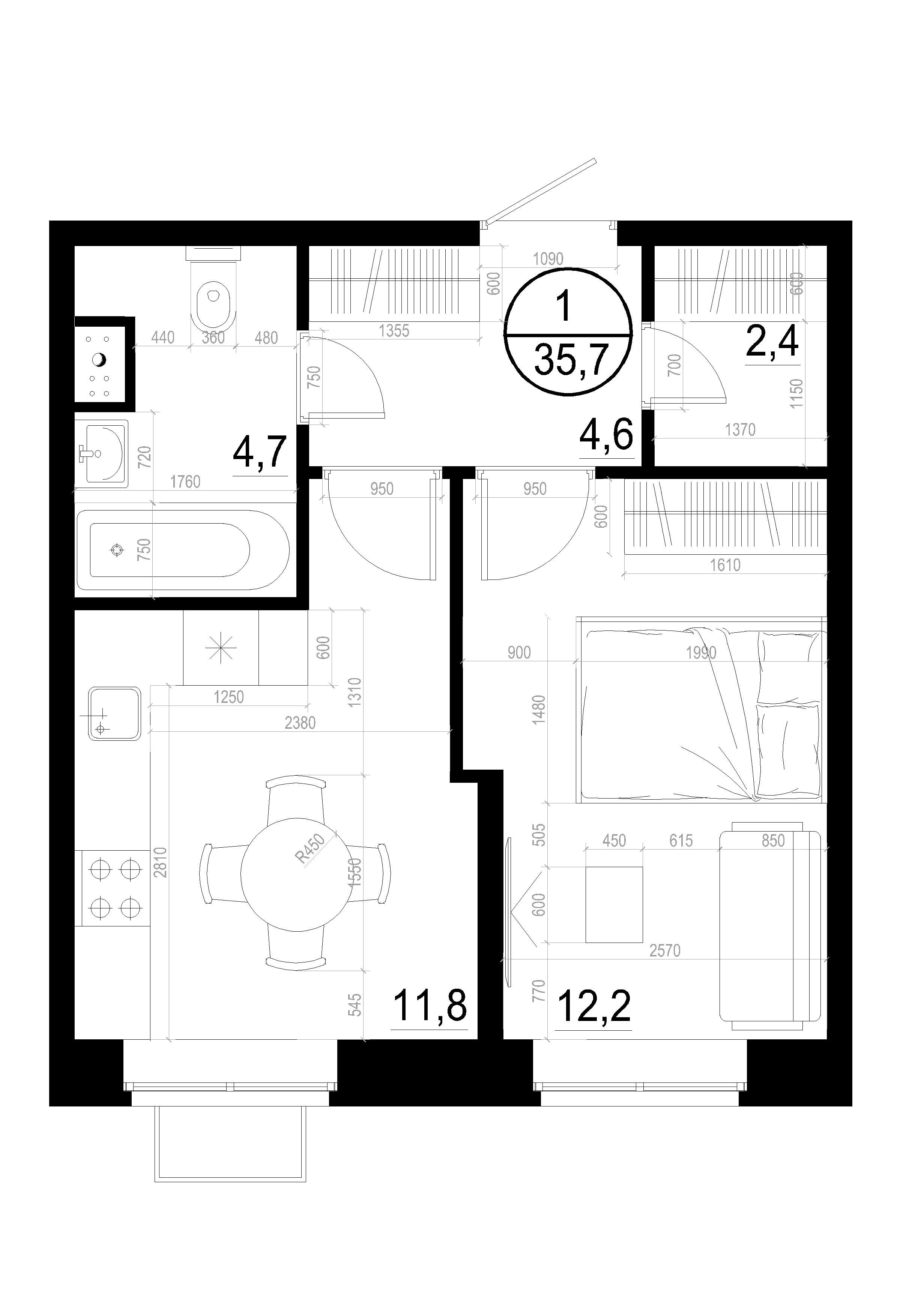 1 комн. квартира, 35.7 м², 2 этаж 