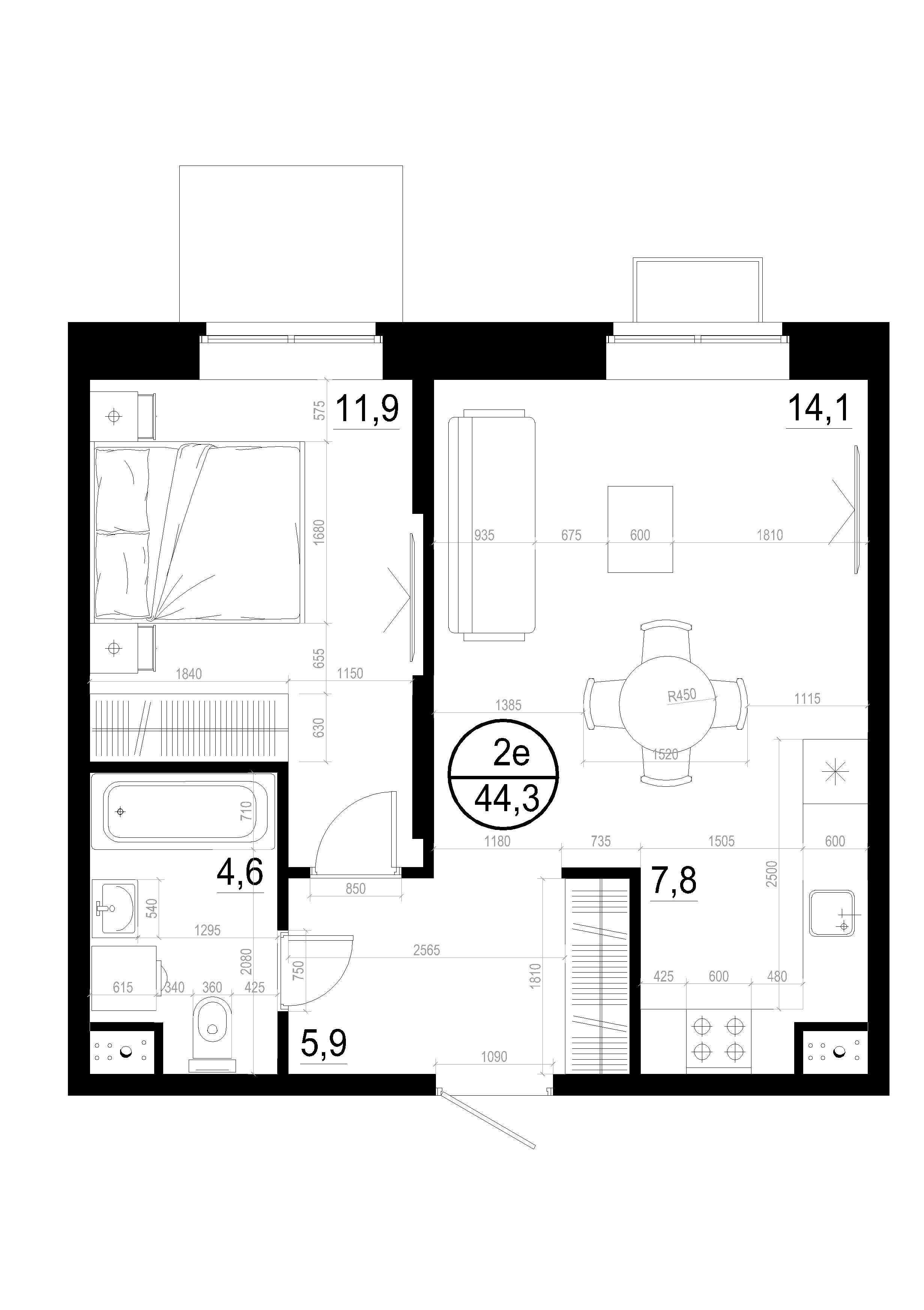 2 комн. квартира, 44.3 м², 2 этаж 