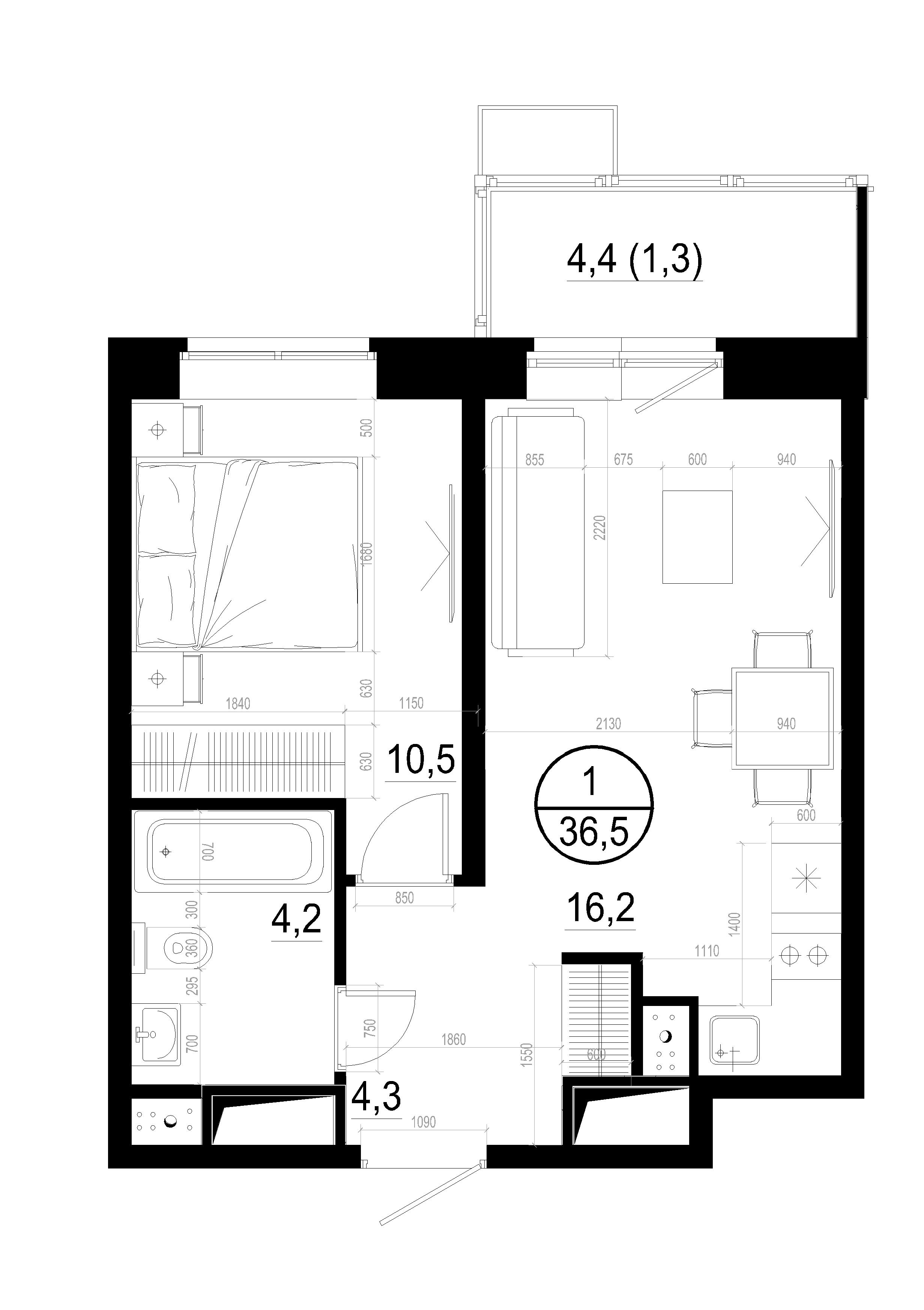 1 комн. квартира, 36.5 м², 3 этаж 