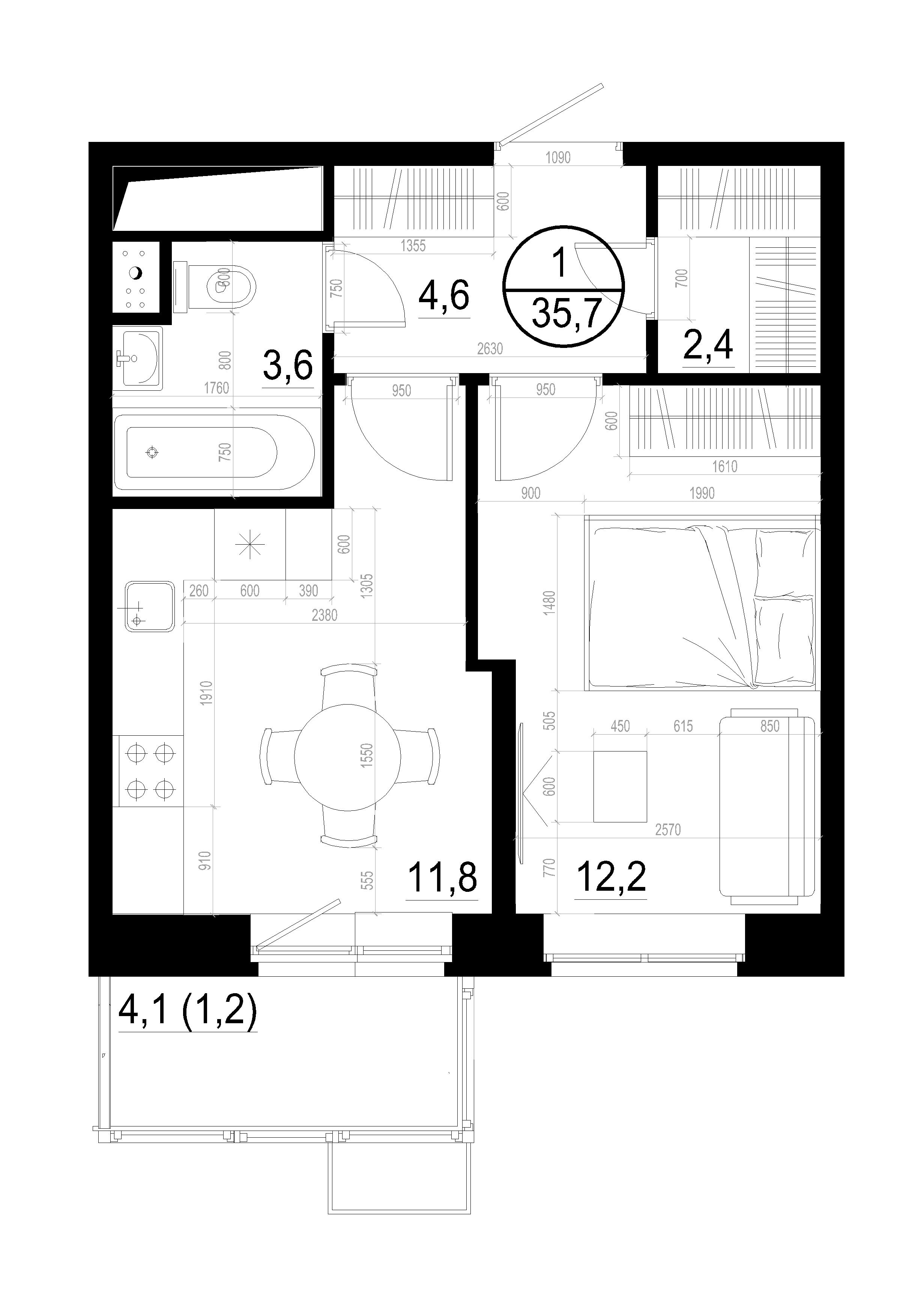 1 комн. квартира, 35.8 м², 3 этаж 