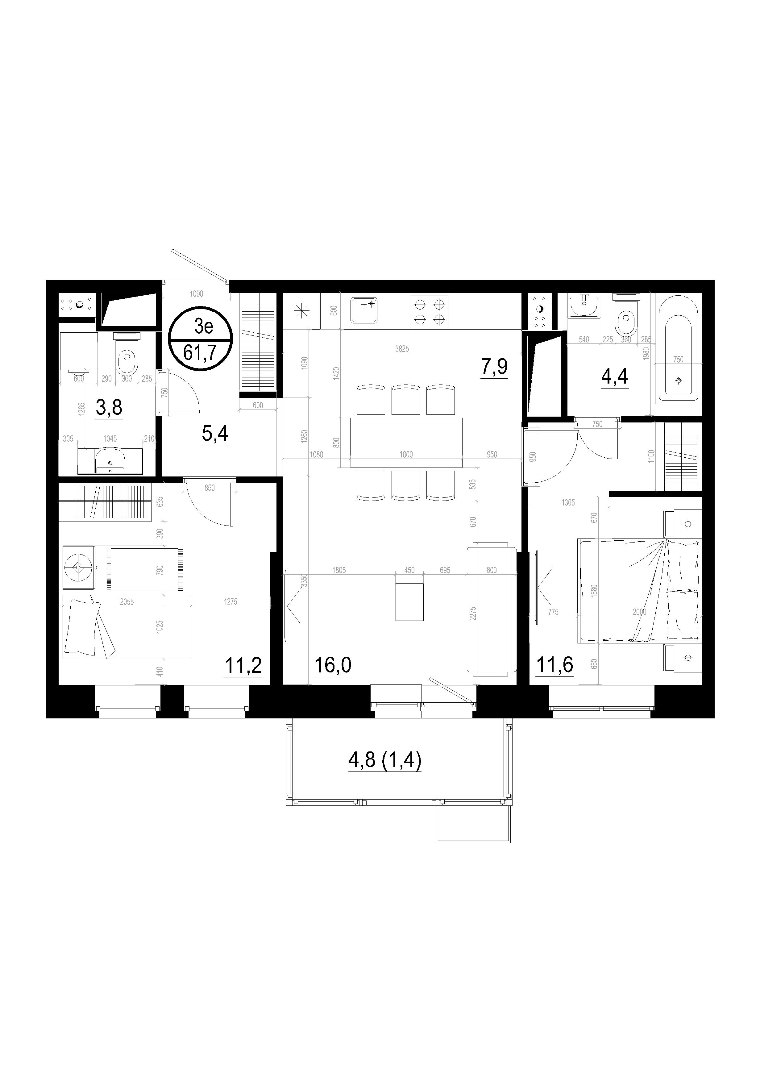 3 комн. квартира, 61.7 м², 13 этаж 