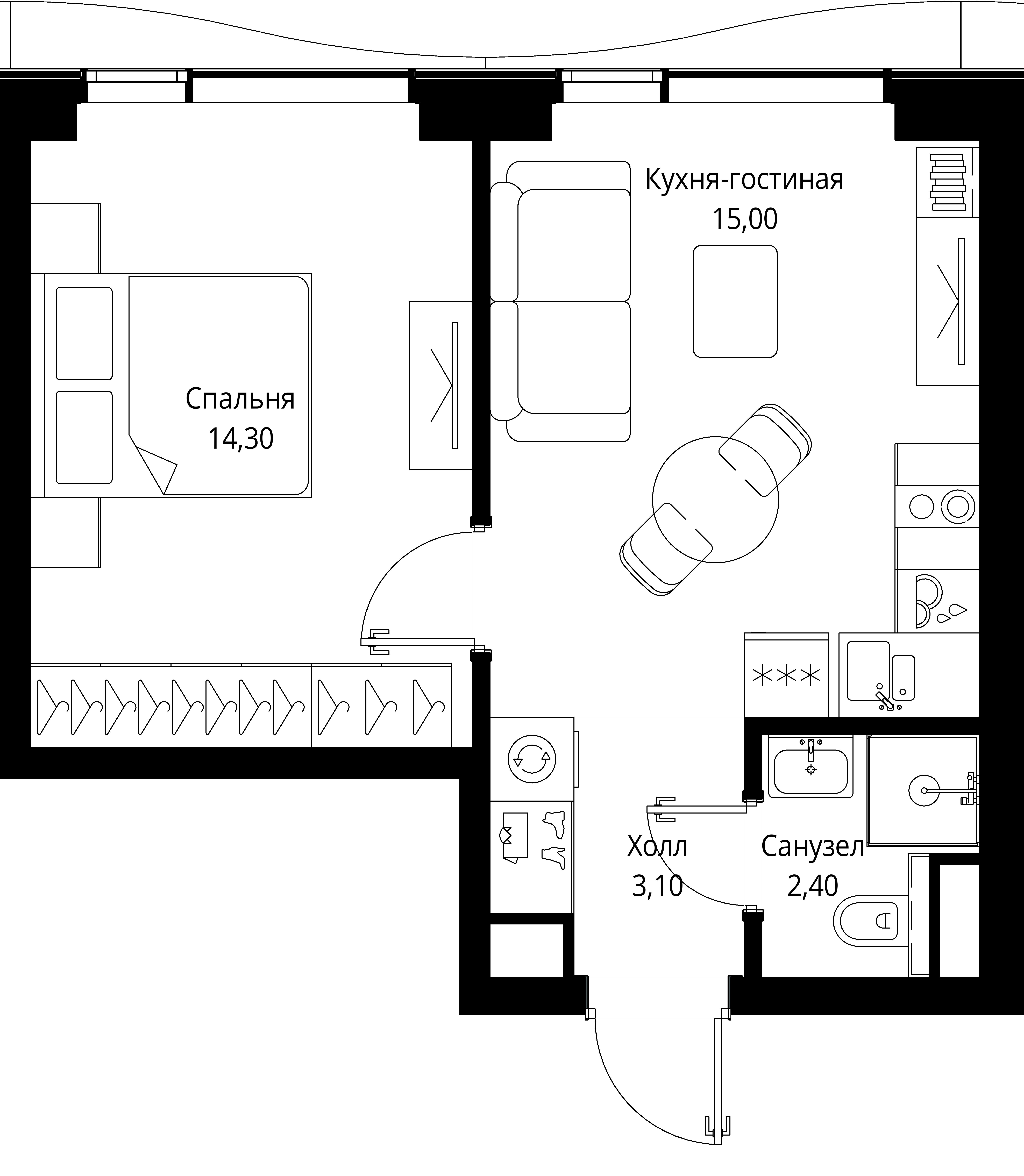 1 комн. квартира, 34.8 м², 39 этаж 