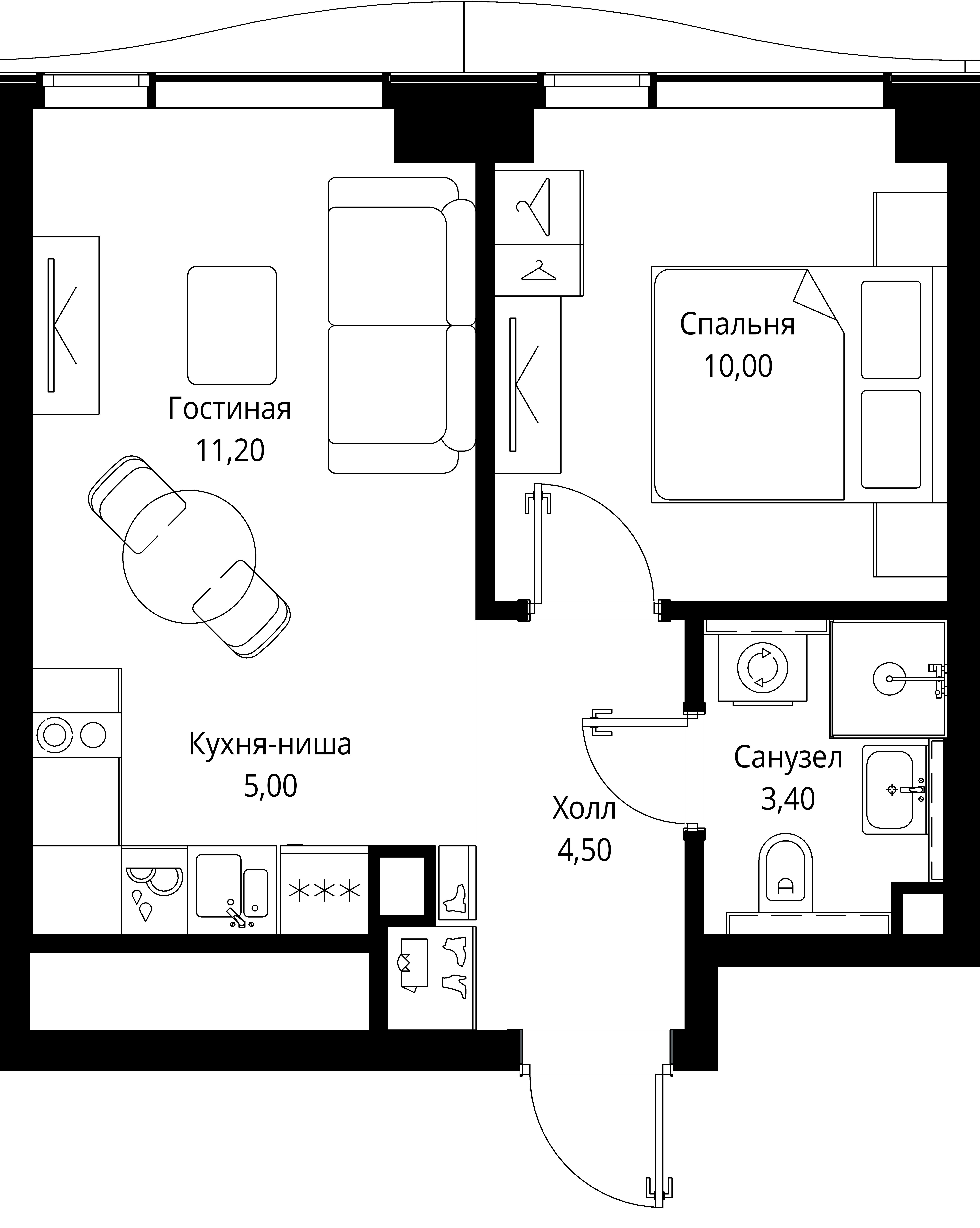 1 комн. квартира, 34.1 м², 22 этаж 