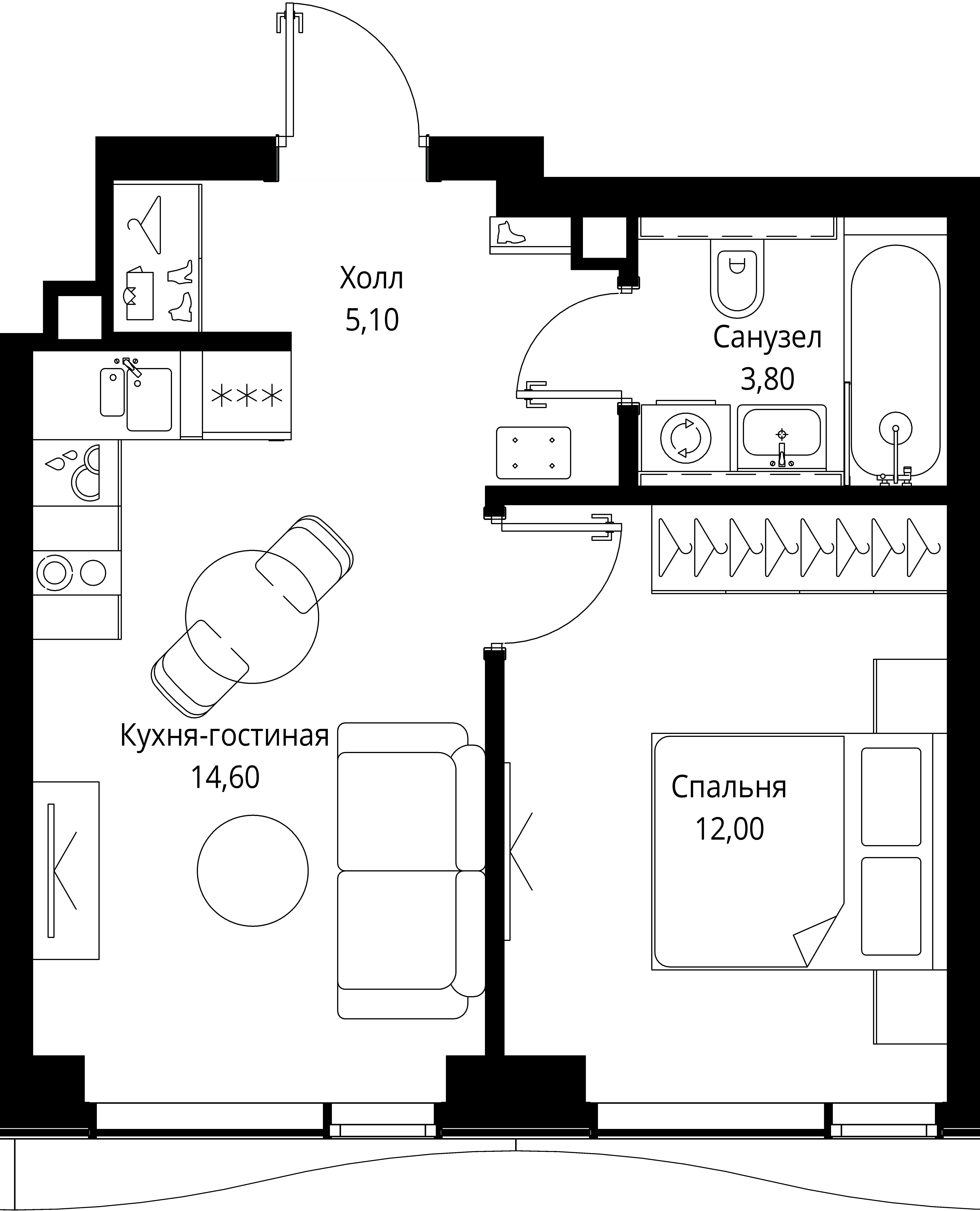 1 комн. квартира, 35.5 м², 31 этаж 