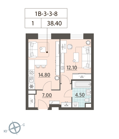 1 комн. квартира, 38.4 м², 8 этаж 