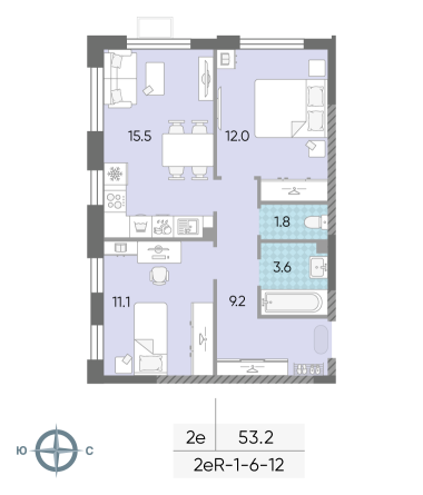 2 комн. квартира, 53.2 м², 10 этаж 