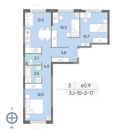 3 комн. квартира, 60.9 м², 6 этаж 