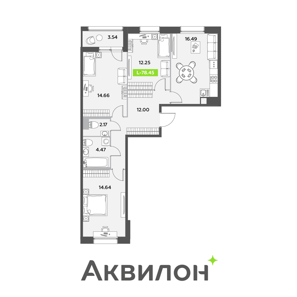 3 комн. квартира, 78.5 м², 5 этаж 