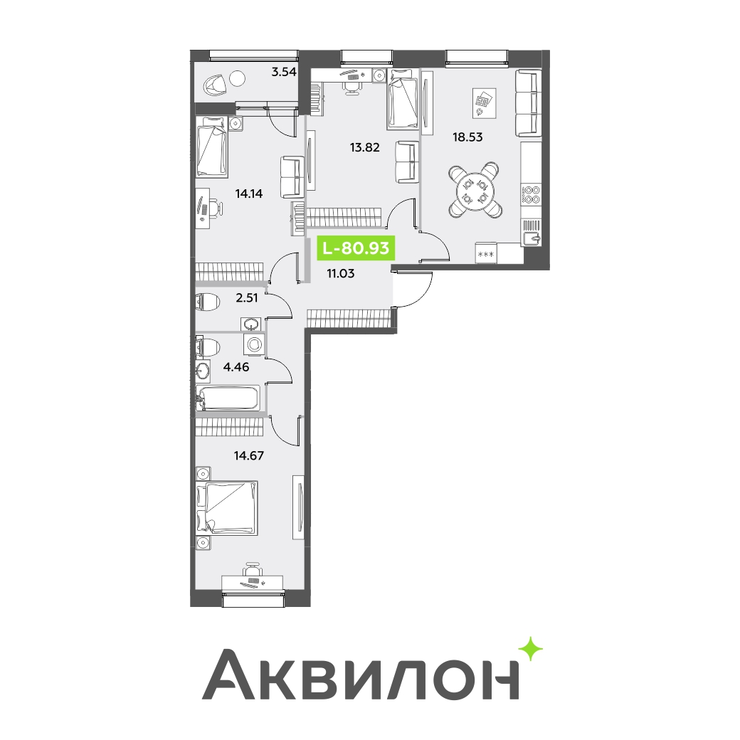 3 комн. квартира, 80.9 м², 2 этаж 