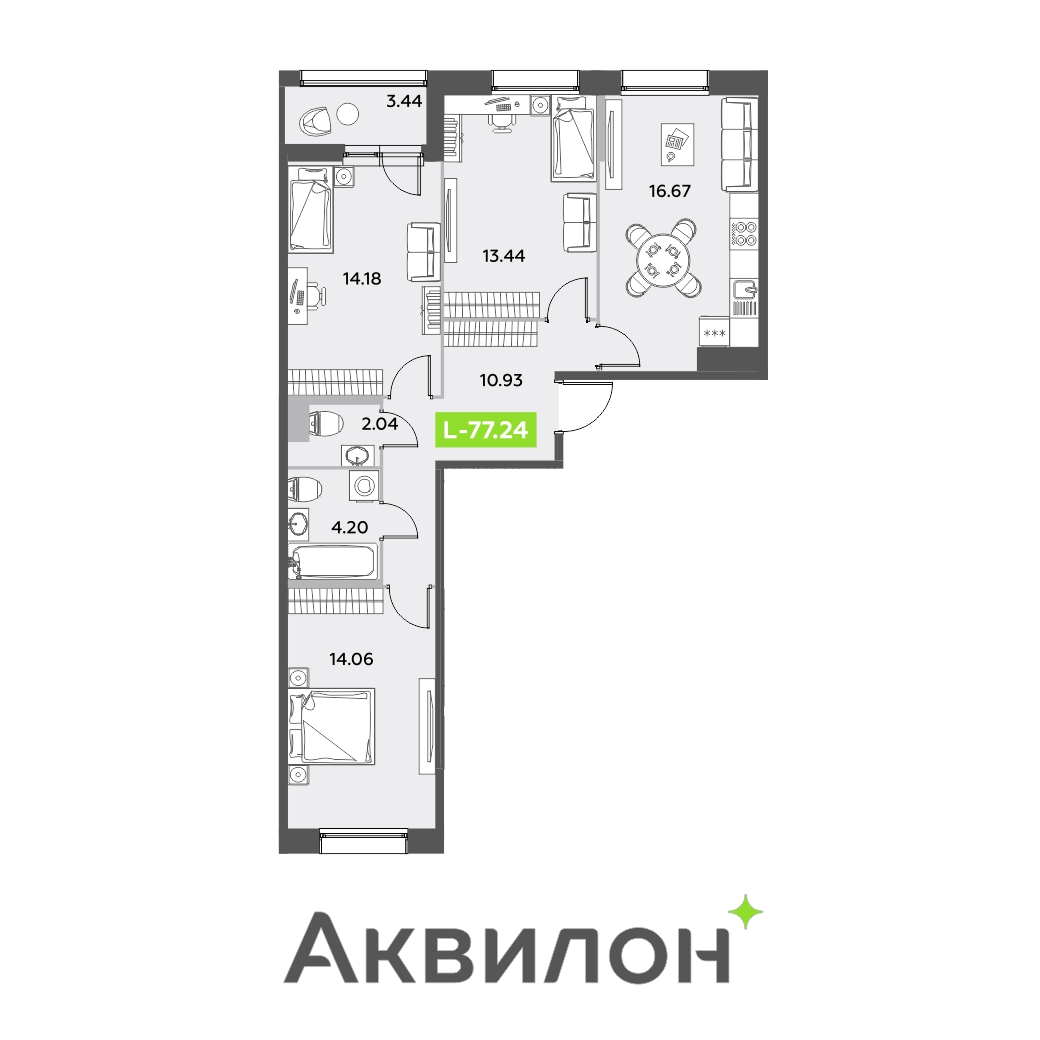 3 комн. квартира, 77.2 м², 5 этаж 