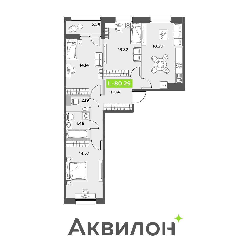 3 комн. квартира, 80.3 м², 3 этаж 