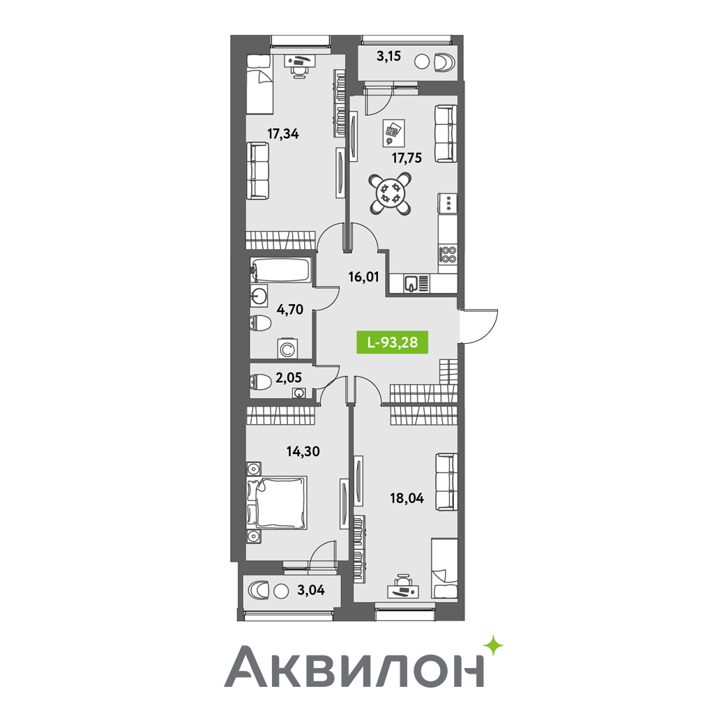 3 комн. квартира, 93.3 м², 2 этаж 