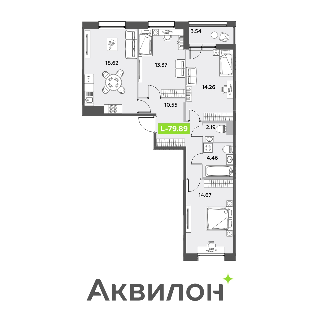 3 комн. квартира, 79.9 м², 8 этаж 