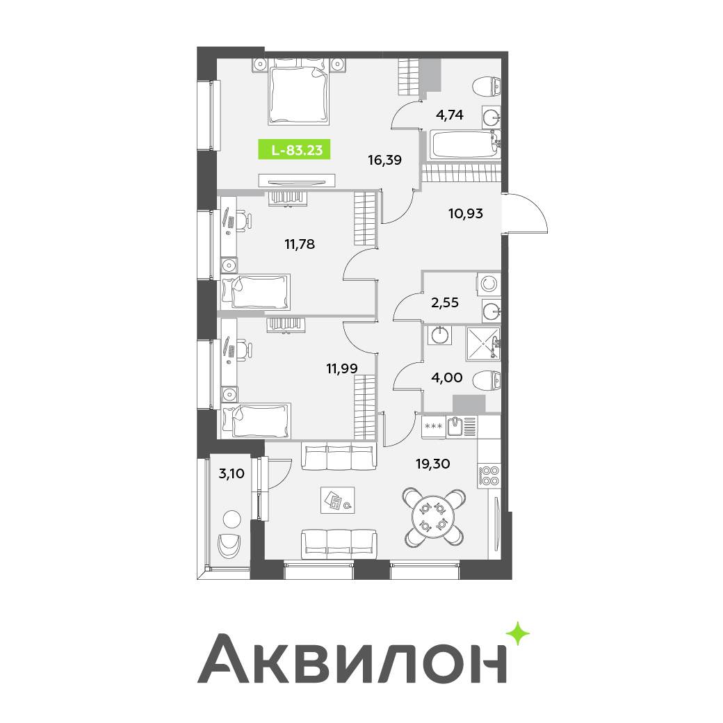 3 комн. квартира, 83.2 м², 12 этаж 