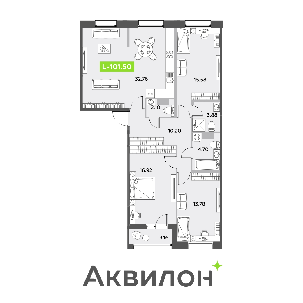 3 комн. квартира, 101.5 м², 7 этаж 