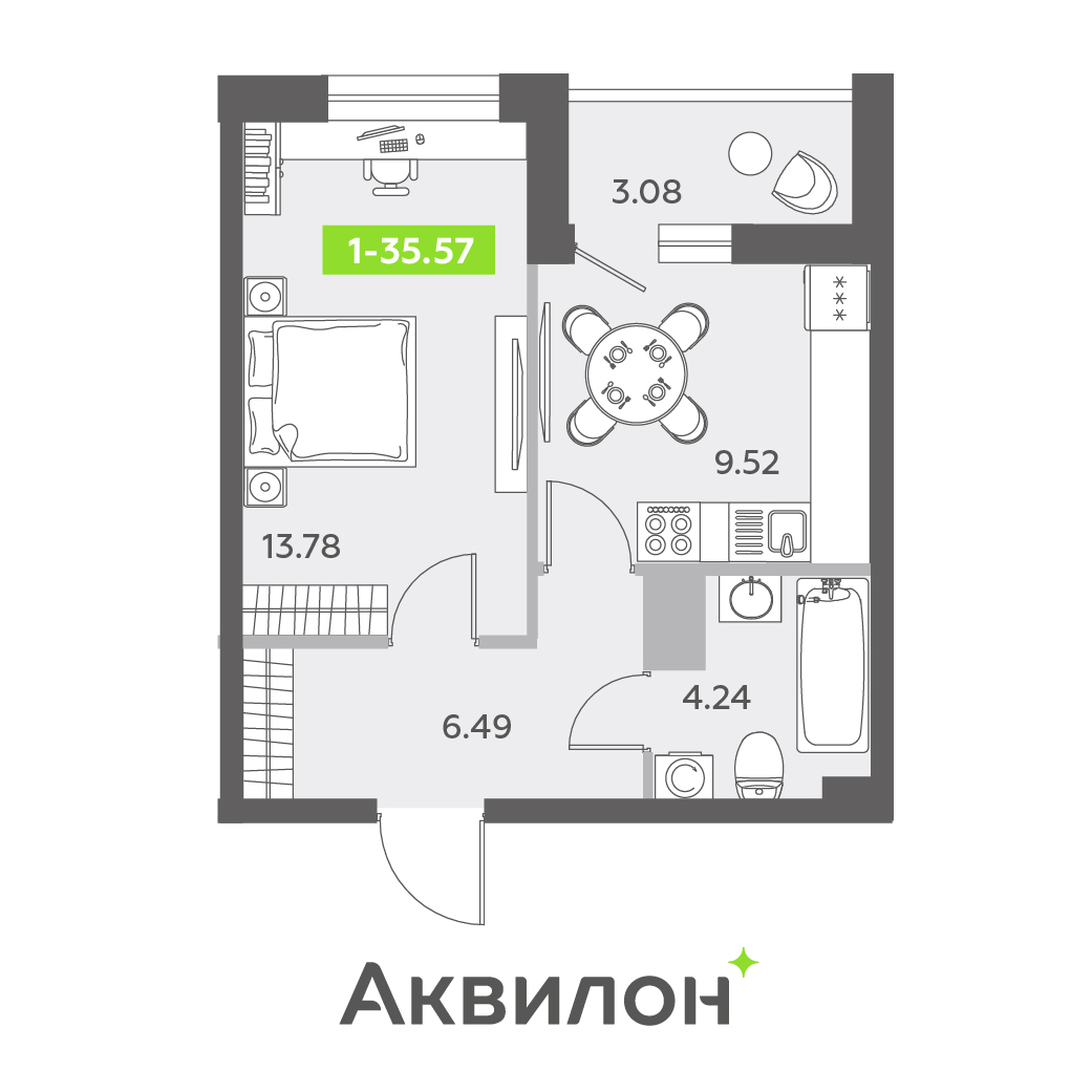 1 комн. квартира, 35.6 м², 4 этаж 