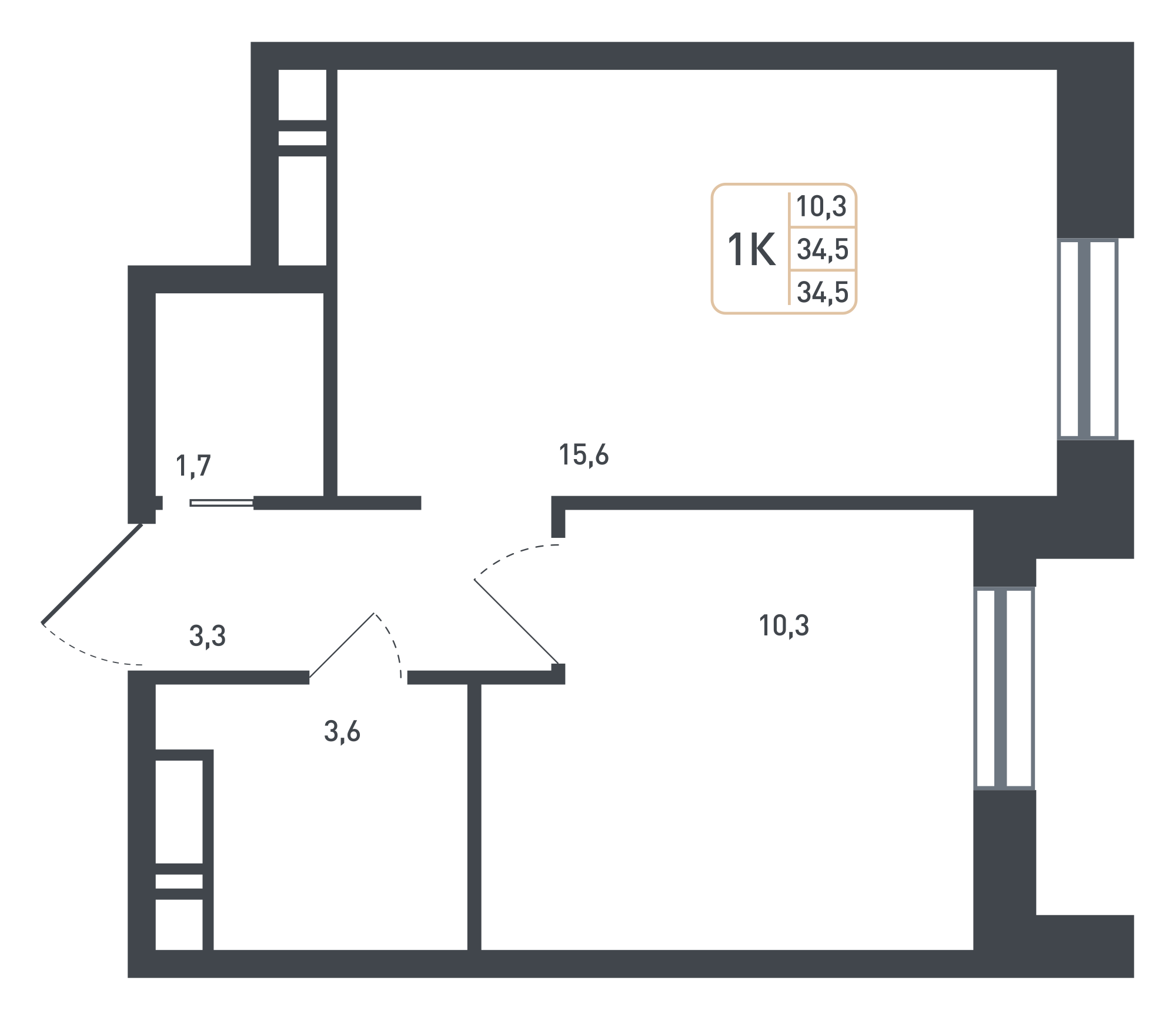 1 комн. квартира, 34.5 м², 5 этаж 