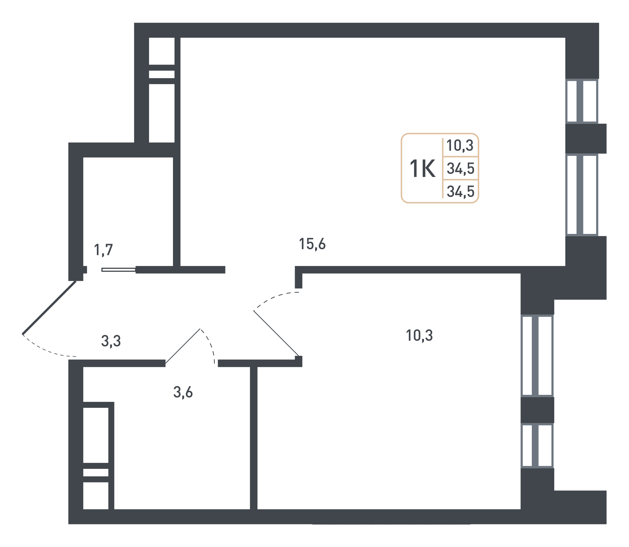 1 комн. квартира, 34.5 м², 6 этаж 
