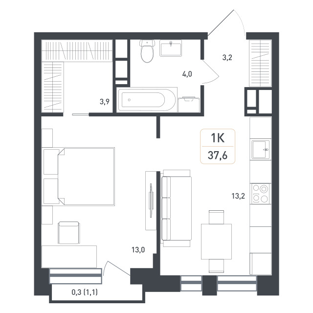 1 комн. квартира, 37.3 м², 4 этаж 